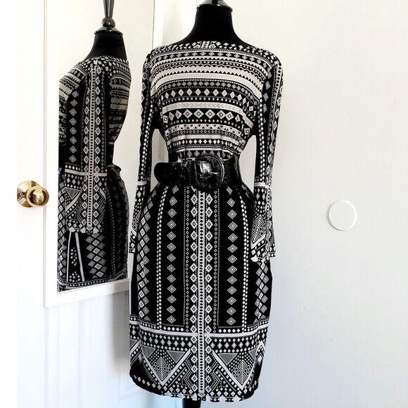Beige by eci Black White Geometric Print 3/4 Sleeves Jersey Shift Dress Size 8 - Picture 3 of 9